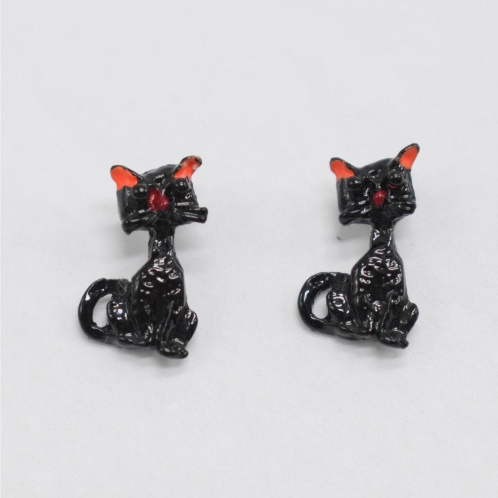 Quirky Black Cat Metal Stud Earrings Halloween Whimsical Eclectic Kitsch